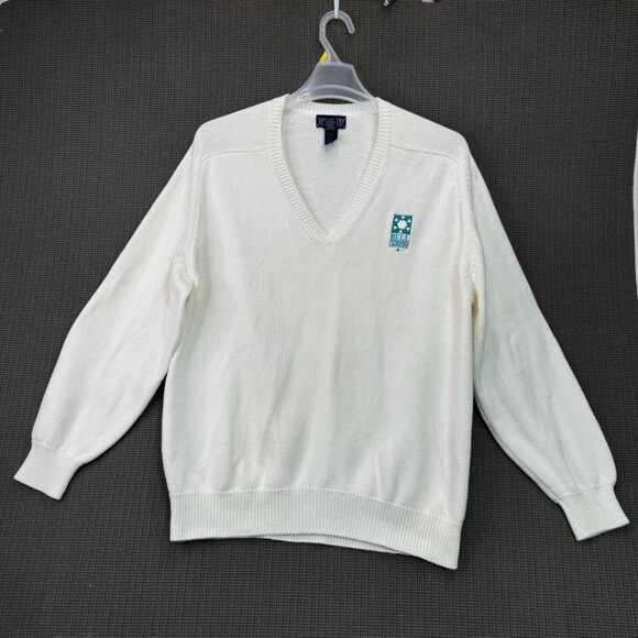 Lands End Mens size XL White V-Neck Pullover Sweater With Bell Leadership Logo - Picture 1 of 10